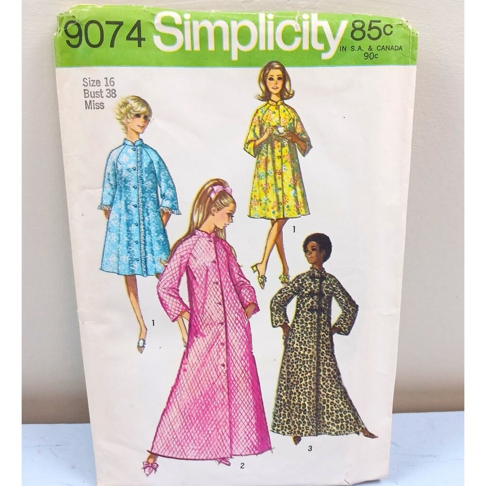 Simplicity 9074 Misses Vintage Robe Sewing Pattern Size 16 Bust 38 1969 High Nec